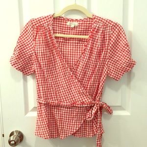 Gingham Seersucker Wrap Peplum Blouse, sz Small
